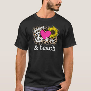 Camiseta Cute Peace Love Teach Leopard Print Sunflower Pink