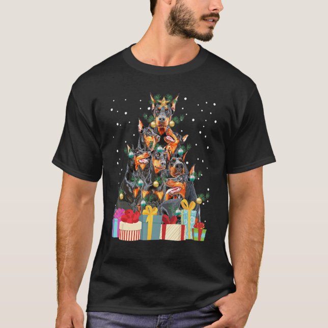 Camiseta Cute Perro Doberman Árbol de Navidad enciende Masc (Anverso)