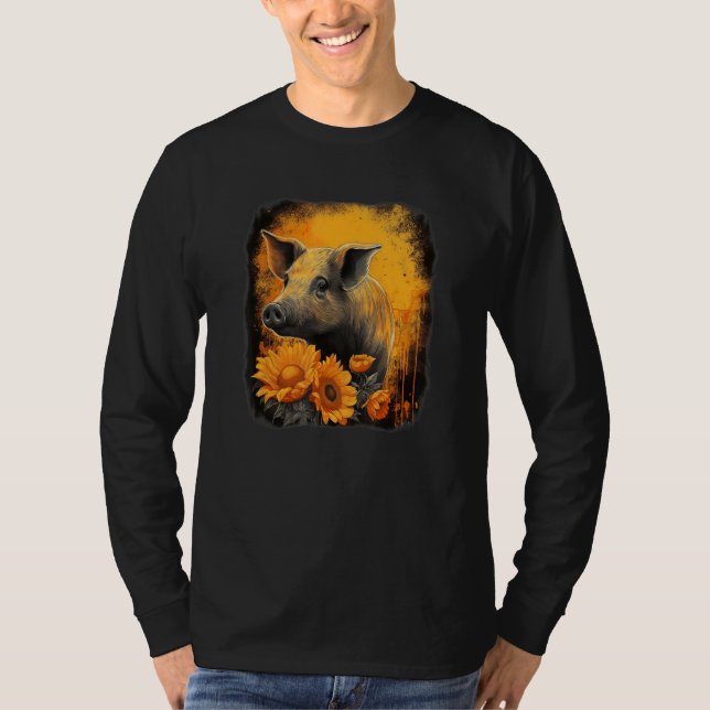 Camiseta Cute pig with sunflower portrait orange and black  (Anverso)
