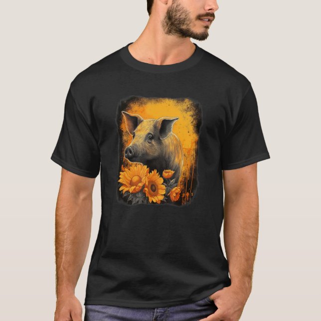 Camiseta Cute pig with sunflower portrait orange and black  (Anverso)
