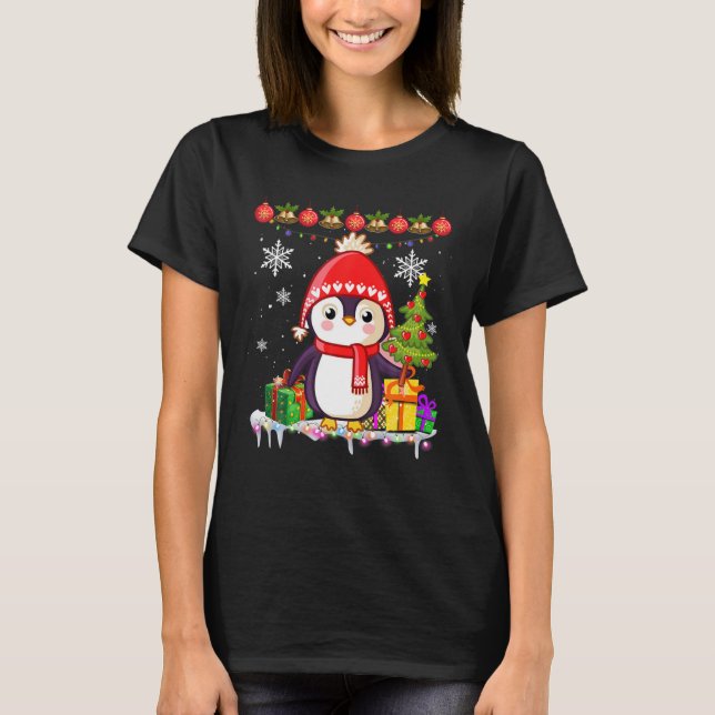 Camiseta Cute Pingüino Navidad Ornamento Árbol Luces Regalo (Anverso)