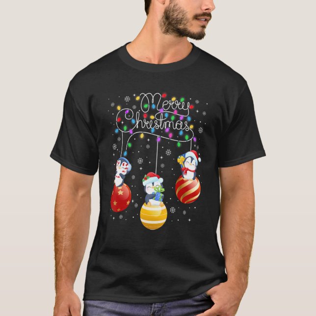 Camiseta Cute pingüinos Merry Christmas Lights Ornaments Ba (Anverso)