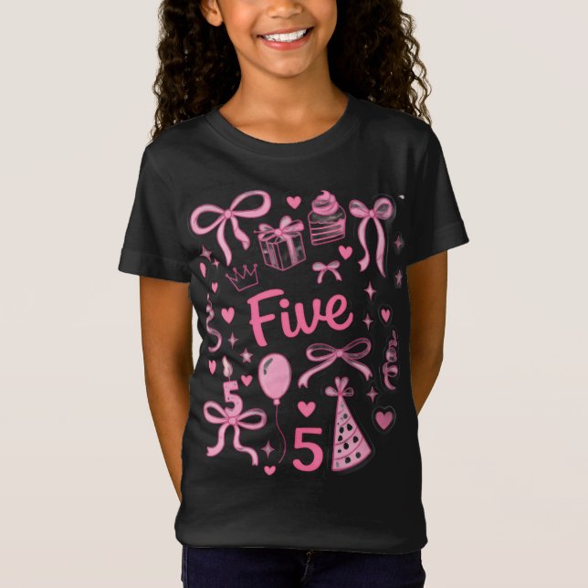 Camiseta Cute Pink 5th Birthday Girl Shirt Five Bow Party D (Anverso)