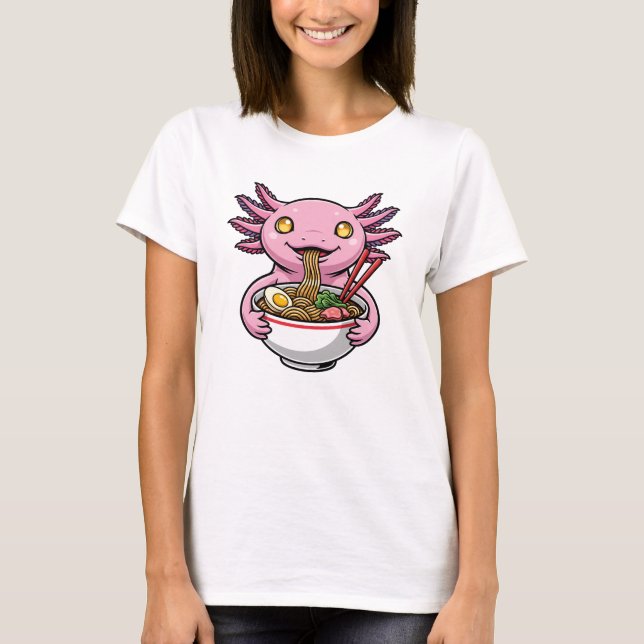 Camiseta Cute Pink Axolotl Eating Ramen Noodles Cartoon (Anverso)