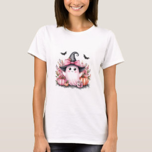 Camiseta Cute Pink Bruja Fantasma Floral Halloween Acuarela