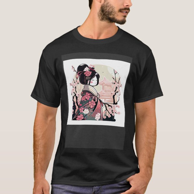 Camiseta Cute pink geisha girl cherry blossom and japanese  (Anverso)