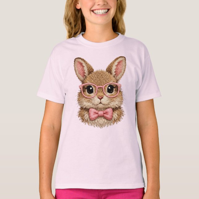 Camiseta Cute Pink Glasses Bunny | Rabbit Embroidery Look - (Anverso)