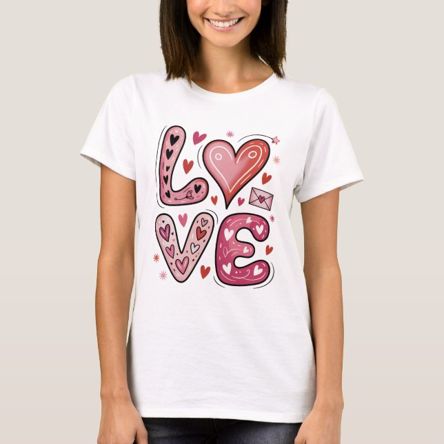 Camiseta Cute Pink LOVE Lettering Hearts Doodle Valentine (Anverso)