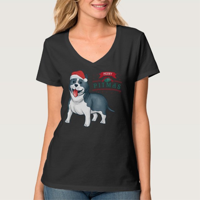 Camiseta Cute Pitbull Con Santa Hat Merry Pitmas (Anverso)
