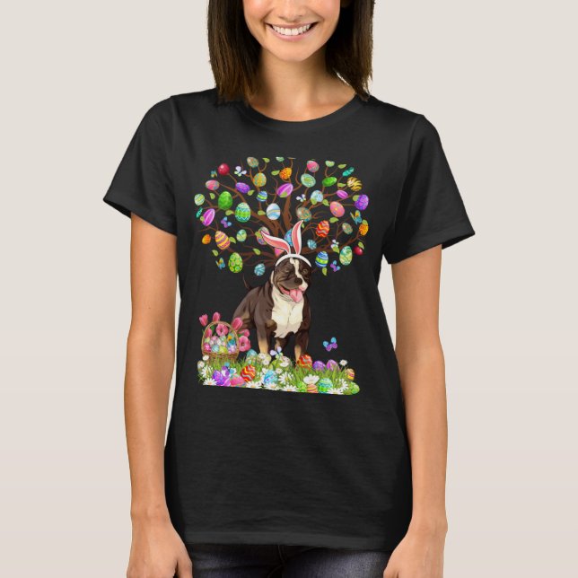 Camiseta Cute Pitbull Dogs With Bunny Ears Easter Egg Tree  (Anverso)