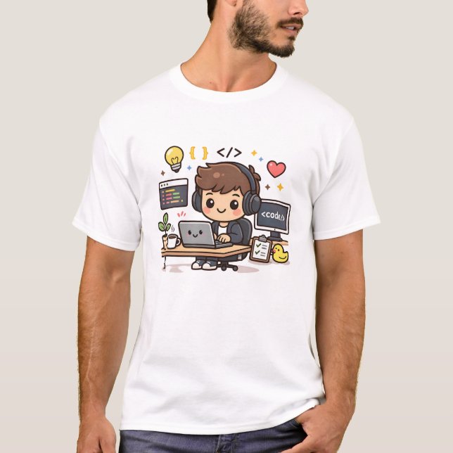 Camiseta Cute Programmer Working with Code – Kawaii Develop (Anverso)