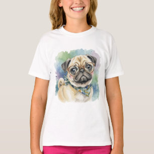 Camiseta Cute Pug con gafas en acuarela