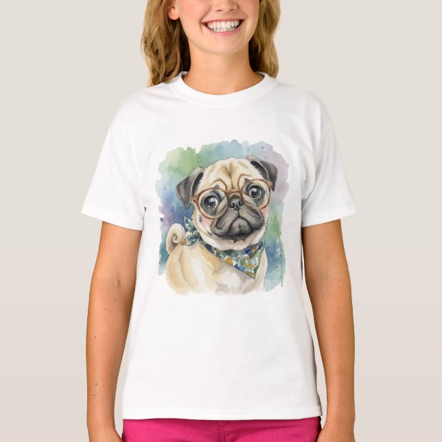 Camiseta Cute Pug con gafas en acuarela (Anverso)
