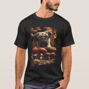 Camiseta Cute Pug con hojas de otoño hongos otoño perro Aes