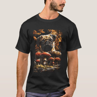 Camiseta Cute Pug con hojas de otoño hongos otoño perro Aes