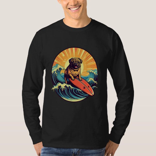 Camiseta Cute Pug Dog Surfing Japanese Great Waves Surf Boa (Anverso)