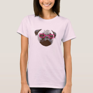 Camiseta Cute Pug Hipster con Gafas Rosas