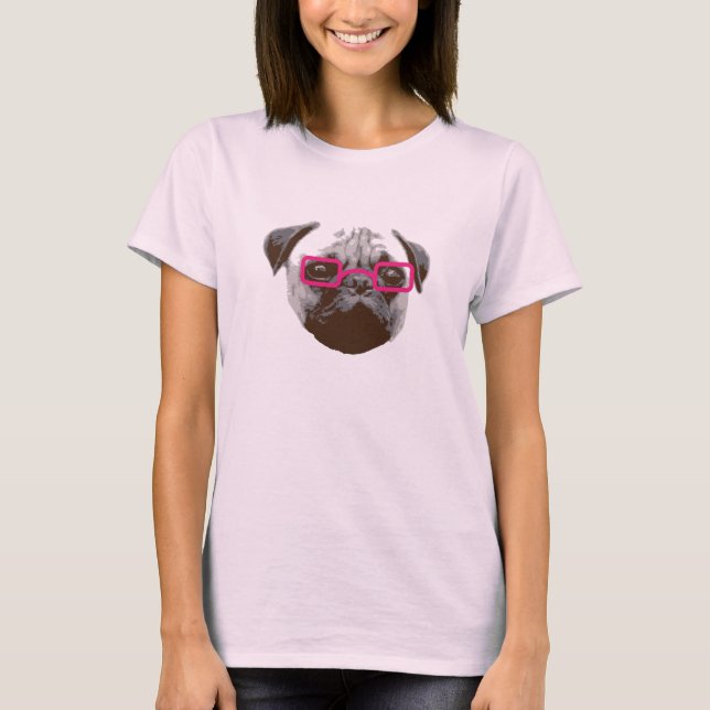 Camiseta Cute Pug Hipster con Gafas Rosas (Anverso)