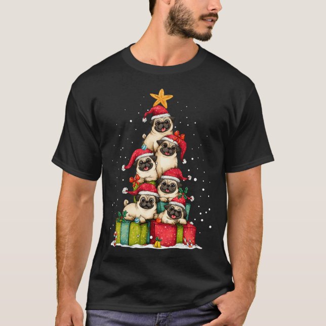 Camiseta Cute Pug Le Dog Christmas Tree Xmas Hat Long Sleev (Anverso)
