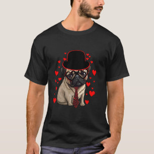 Camiseta Cute Pug lleva sombrero de corbata Corazones Rojos