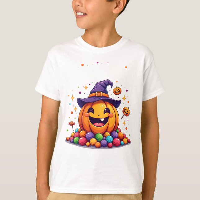 Camiseta Cute Pumpkin Candy Pile Halloween T-Shirt (Anverso)