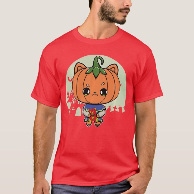 Camiseta Cute Pumpkin Cat And Horroreddy Bear For Halloween (Anverso)
