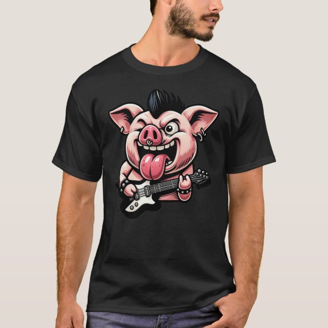 Camiseta Cute Punk Pig, Rock'n Roll Goth Pork, Guitar Band  (Anverso)