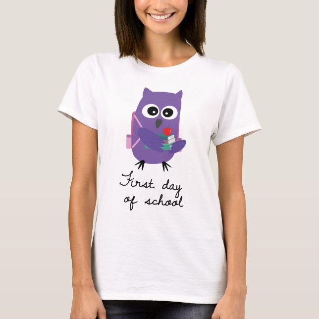 Camiseta Cute, purple owl, owlet "First day of school" (Anverso)