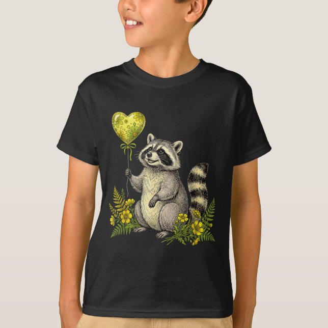 Camiseta Cute Raccoon Balloon Heart Flowers Sweet Raccoon L (Anverso)