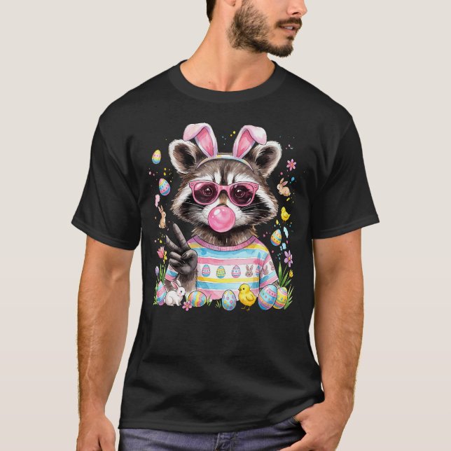 Camiseta Cute Raccoon Bunny Ears Blowing Bubble Gum Happy (Anverso)