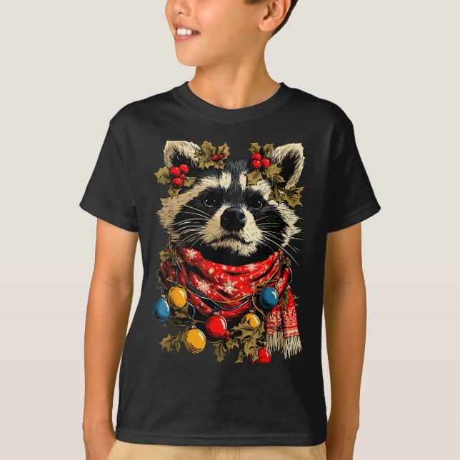 Camiseta Cute Raccoon F Christmas Lights Festive Forest Ani (Anverso)