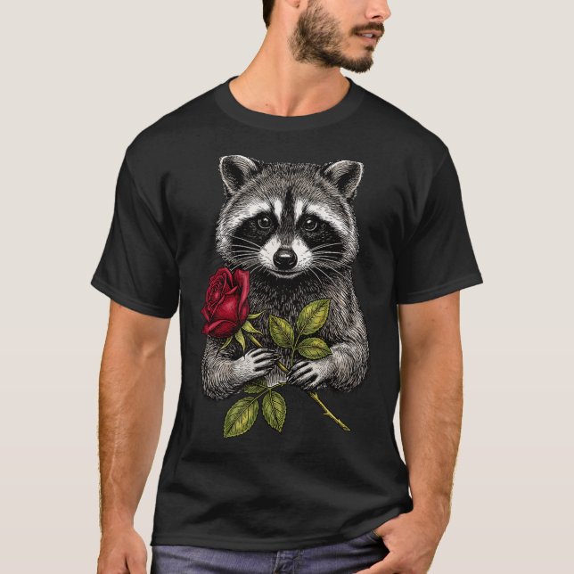 Camiseta Cute Raccoon Holding A Red Rose Sweet Raccoon Love (Anverso)