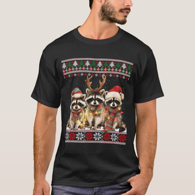 Camiseta Cute Raccoon Santa Christmas Lights Ugly Xmas Swea (Anverso)
