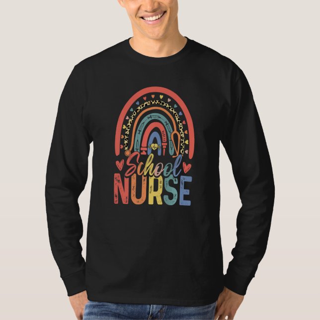 Camiseta Cute Rainbow Leopard Print School Nurse Back To Sc (Anverso)