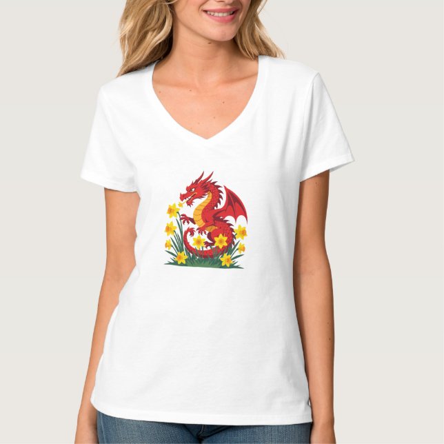 Camiseta Cute Red Dragon And Daffodils (Anverso)