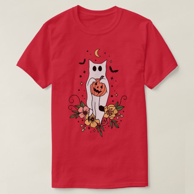 Camiseta Cute Retro Black Cat Ghost Flower Fall Halloween C (Diseño del anverso)