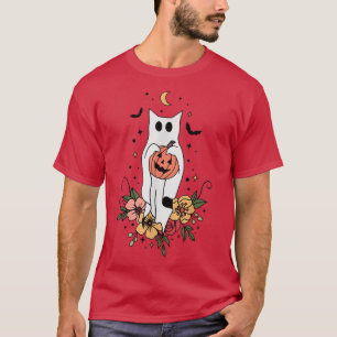 Camiseta Cute Retro Black Cat Ghost Flower Fall Halloween C