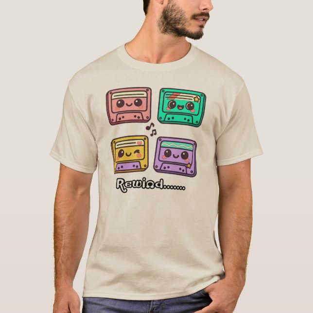 Camiseta Cute Retro Cassette Tape "Rewind" Kawaii Design (Anverso)