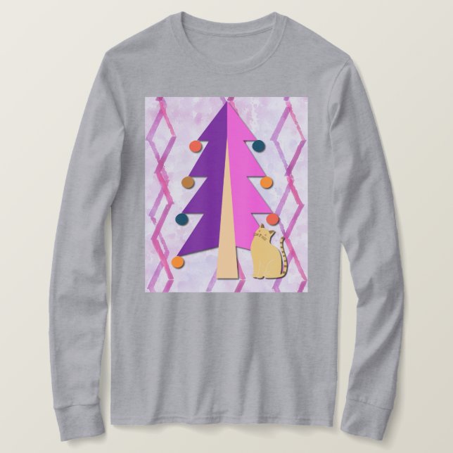 Camiseta Cute Retro Christmas Tree and Cat Art on T-Shirt (Anverso del diseño)