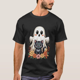 Camiseta Cute Retro Fantasma Gato Negro Floral Halloween Es