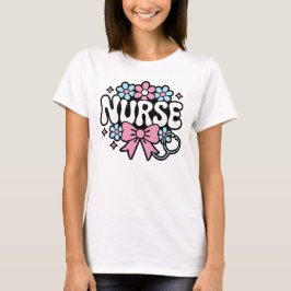 Camiseta Cute Retro Nurse Design with Flowers and Bow 