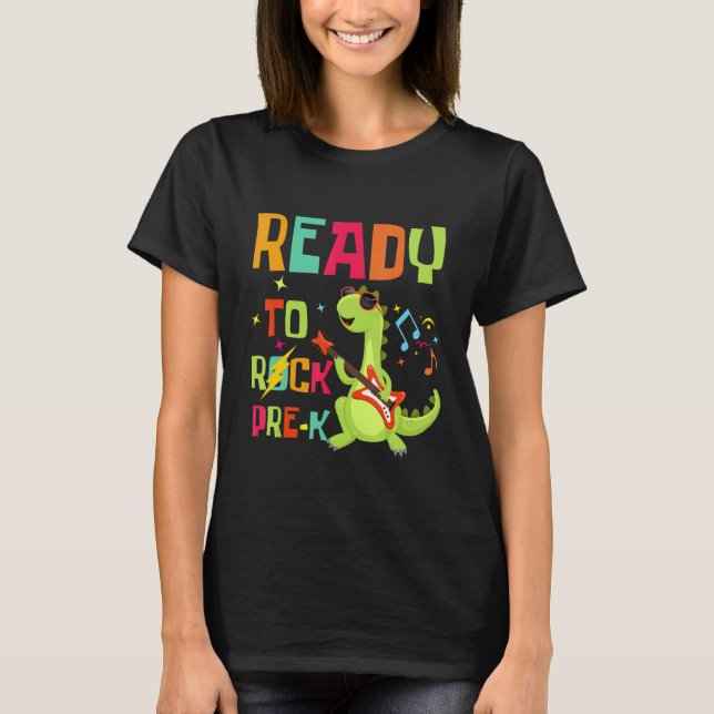 Camiseta Cute Rex Dino Playing Guitar Ready To Rock PRE K T (Anverso)