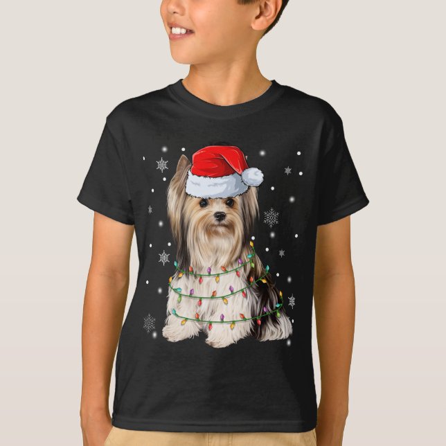 Camiseta Cute Santa Claus Yorkie Dog Navidad Árbol iluminad (Anverso)