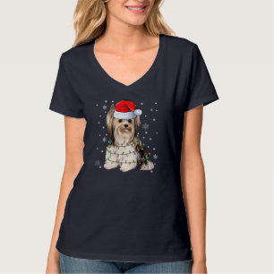 Camiseta Cute Santa Claus Yorkie Dog Navidad Árbol iluminad