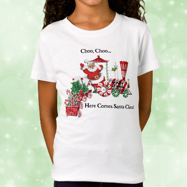 Camiseta Cute Santa sobre las letras de los trenes de Candy (Here comes Santa on peppermint candy Christmas train on kids holiday tee shirt.)