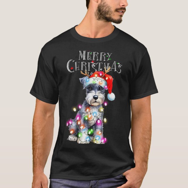Camiseta Cute Schnauzer Christmas Lights Xmas Dog Santa Hat (Anverso)