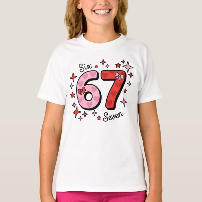 Camiseta Cute Six Seven Meme – Pink & Red 6 7 with Hearts (Anverso)