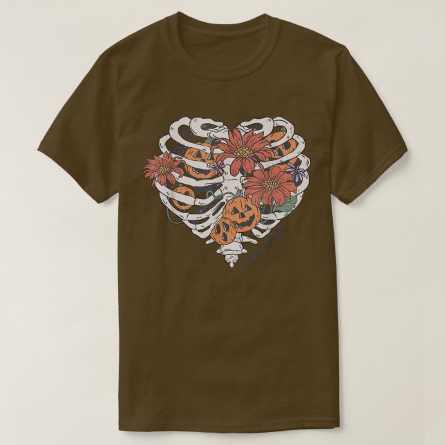 Camiseta Cute Skeleton Heart Rib Flower Pumpkin Spooky Hall (Diseño del anverso)