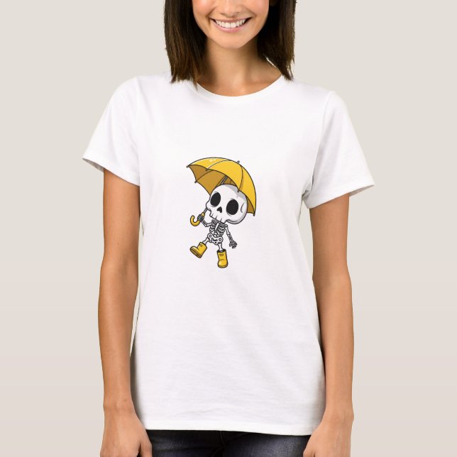 Camiseta Cute Skeleton Holding Yellow Umbrella Wearing Rain (Anverso)