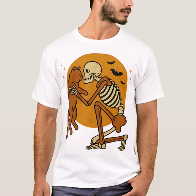 Camiseta Cute Skeleton Hugging Cat Gothic Halloween Design (Anverso)